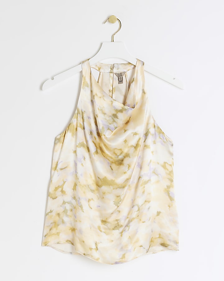 Yellow satin floral halter neck top