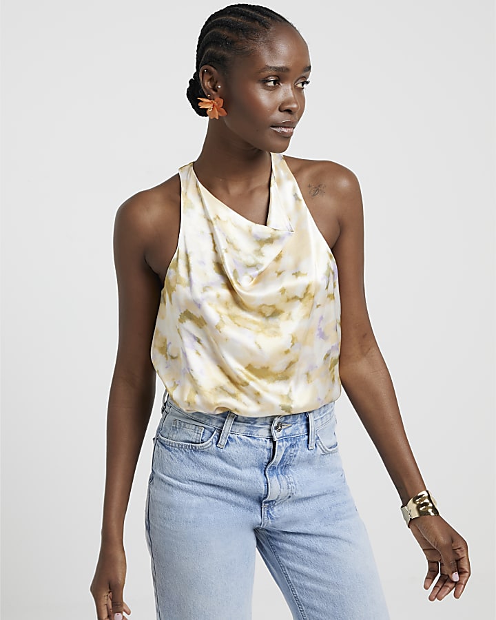 Yellow satin floral halter neck top