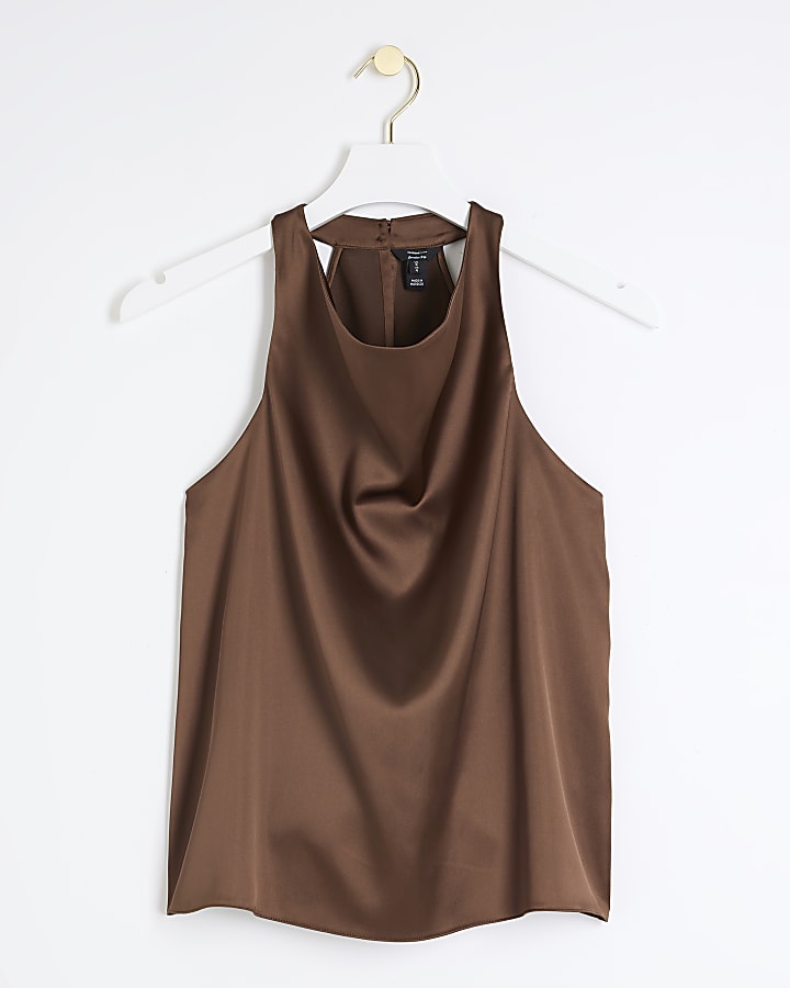 Brown satin halter neck top