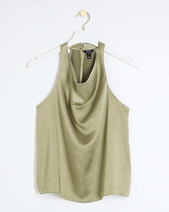 Khaki satin halter neck top