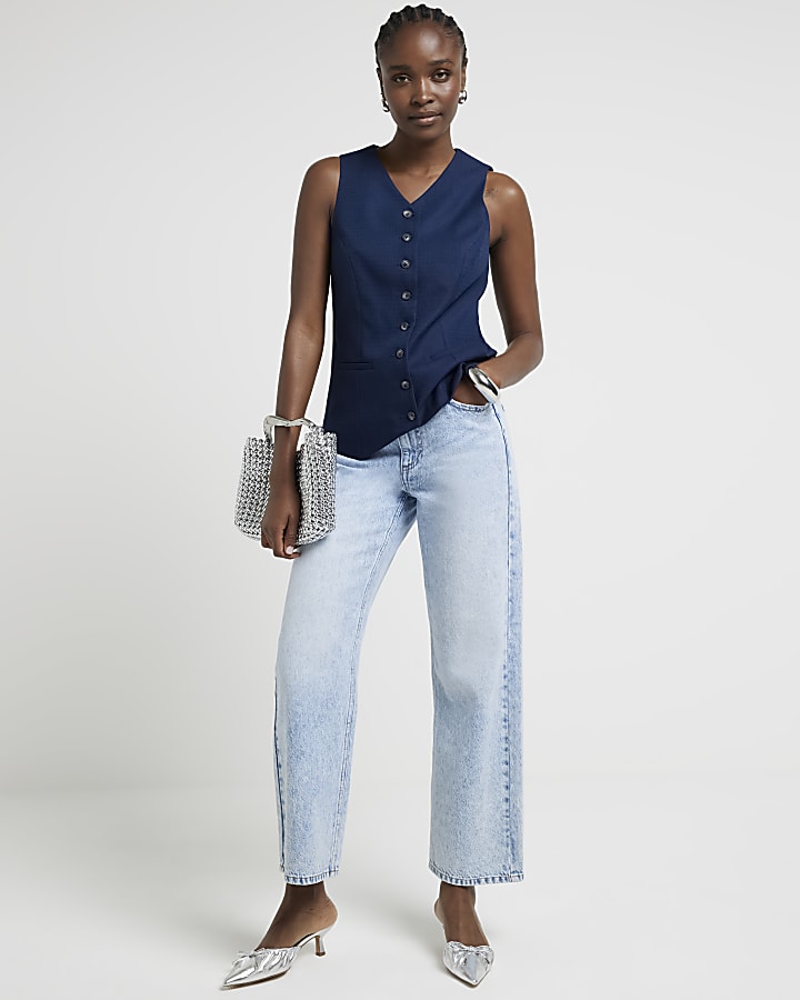 Navy high V-neck waistcoat