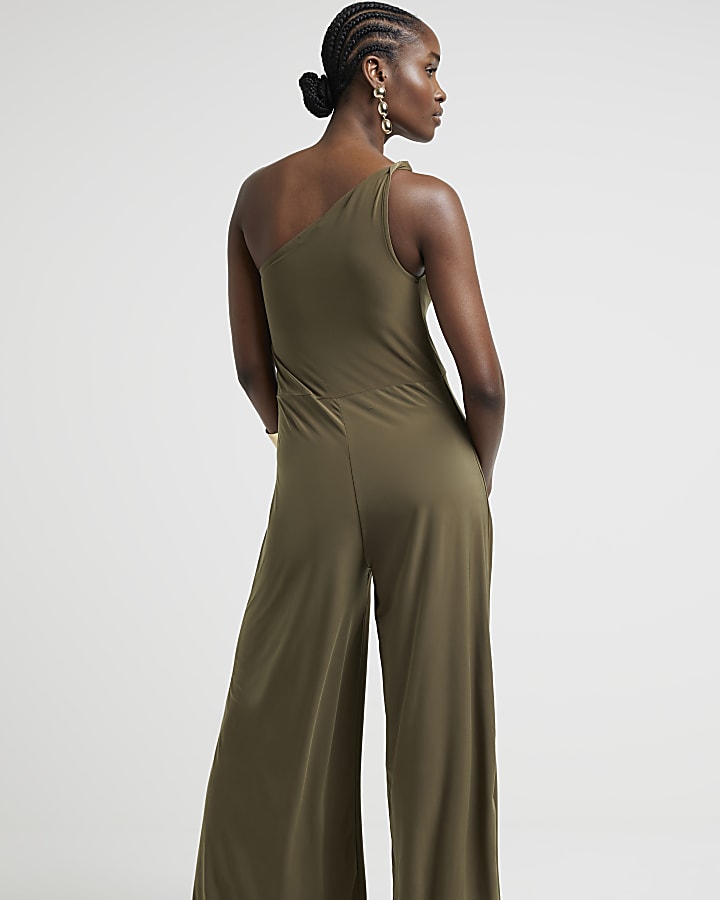Green one shoulder hardware detail jumpsuit