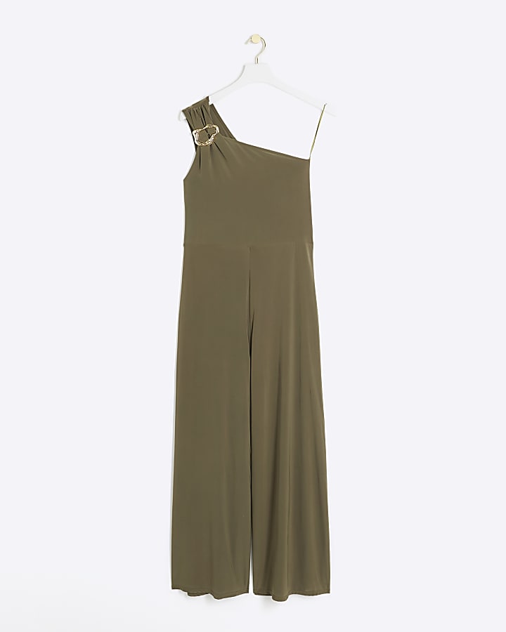 Green one shoulder hardware detail jumpsuit