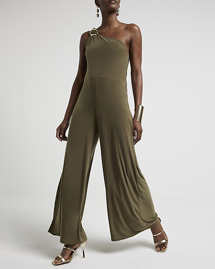 Green one shoulder hardware detail jumpsuit