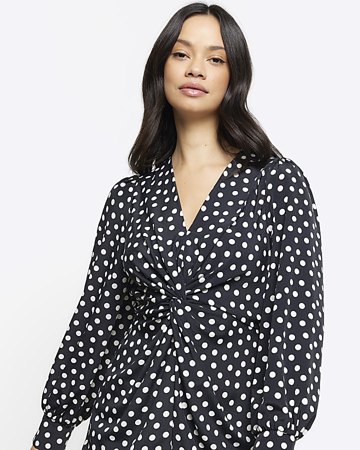 Black spot knot detail swing mini dress