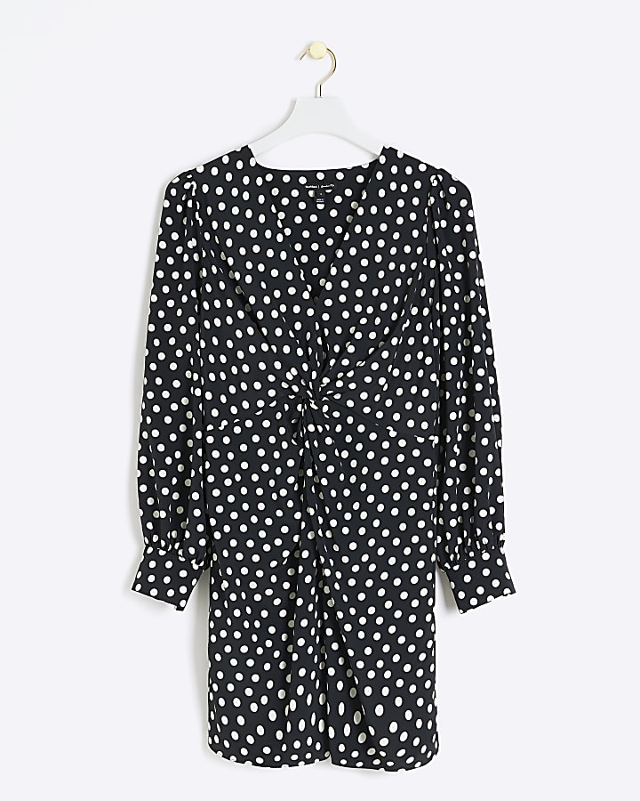 Black spot knot detail swing mini dress