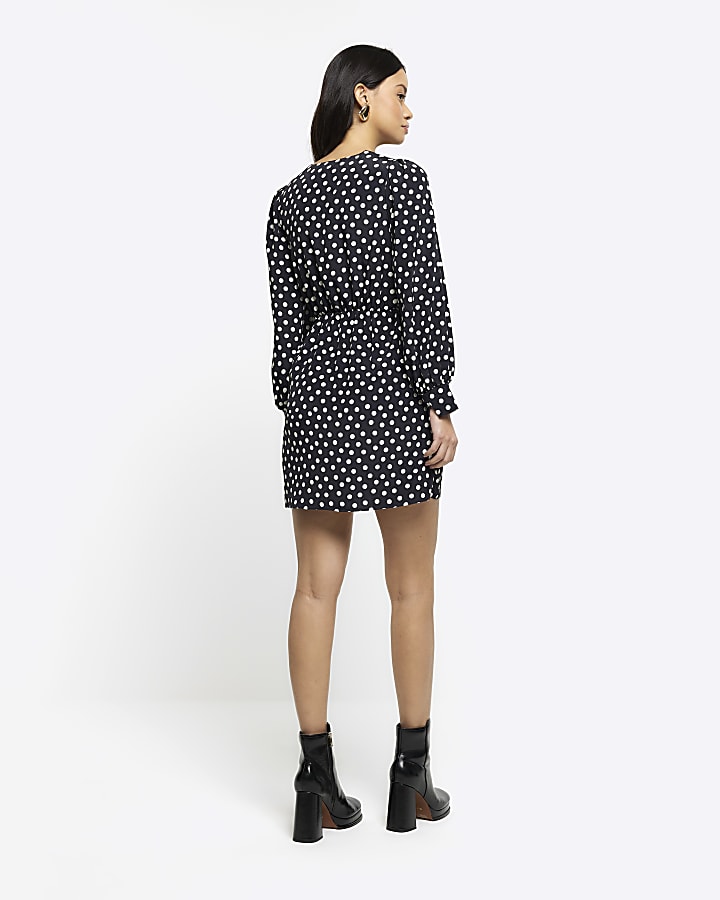 Black spot knot detail swing mini dress