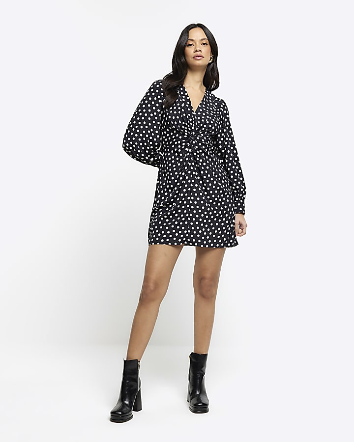 Black spot knot detail swing mini dress