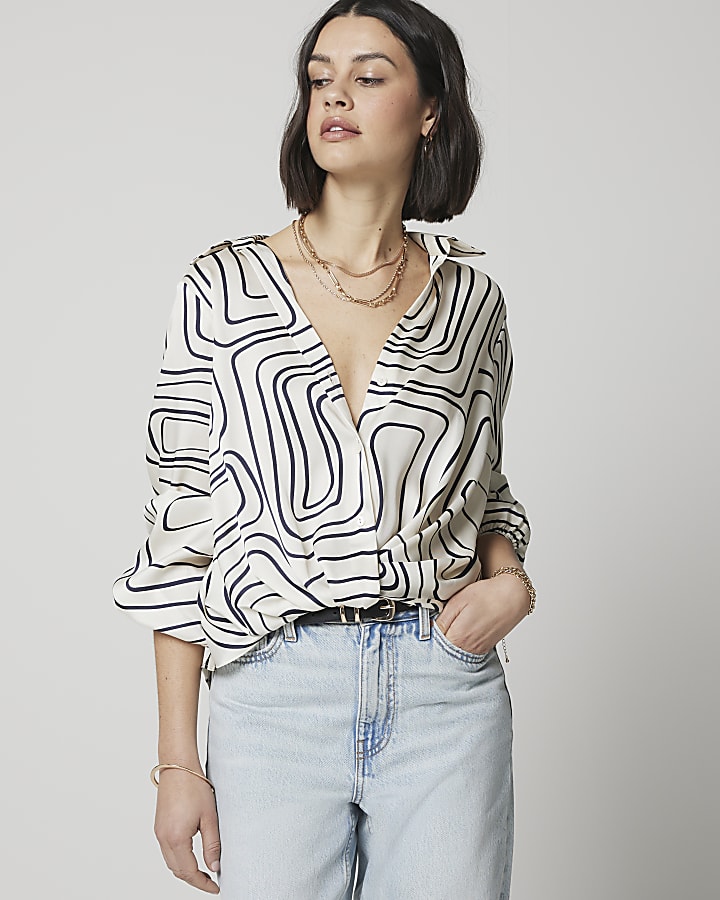 Cream abstract wrap shirt