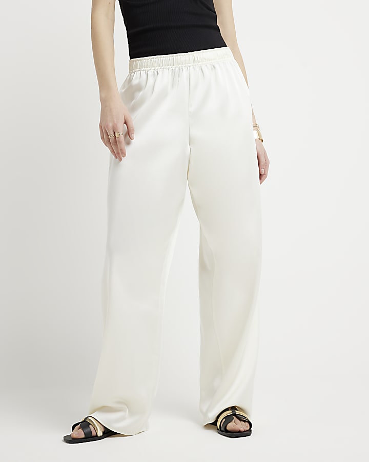 Cream Satin Pull On Wide Leg Trousers