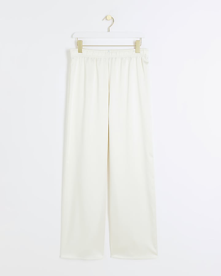 Cream Satin Pull On Wide Leg Trousers