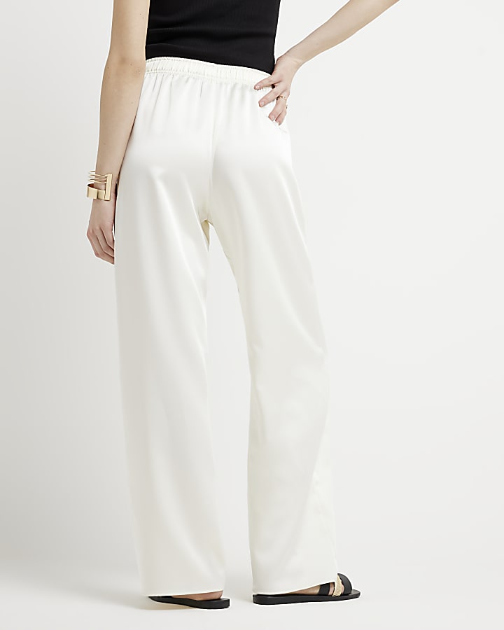 Cream Satin Pull On Wide Leg Trousers