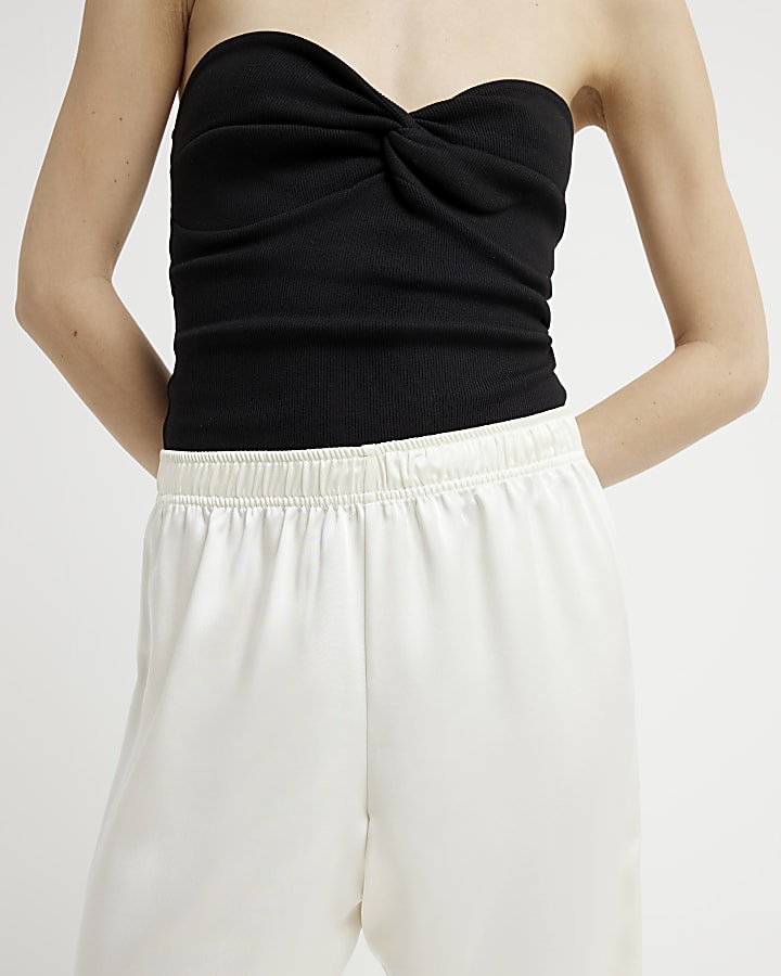 Cream Satin Pull On Wide Leg Trousers