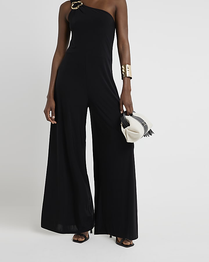 Black one shoulder hardware detail jumpsuit