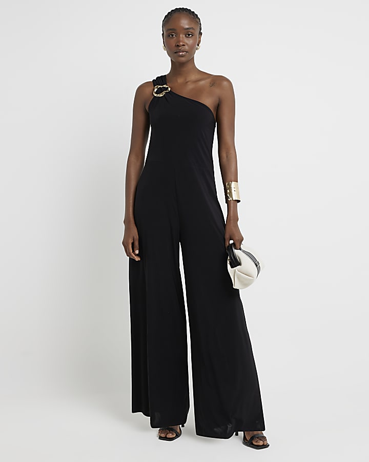 Black one shoulder hardware detail jumpsuit