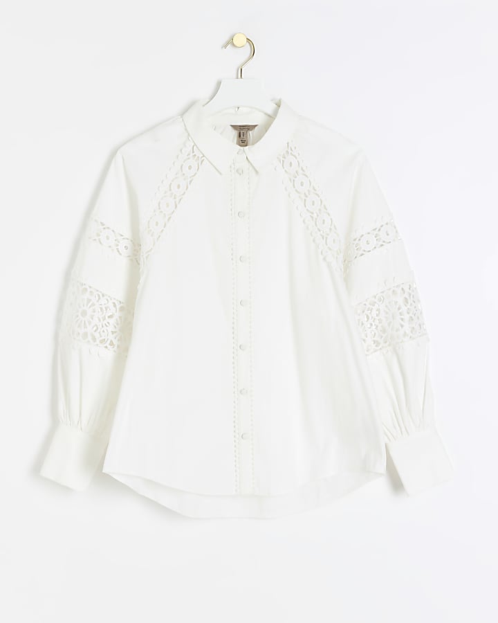 White Crochet Panel Oversized Shirt