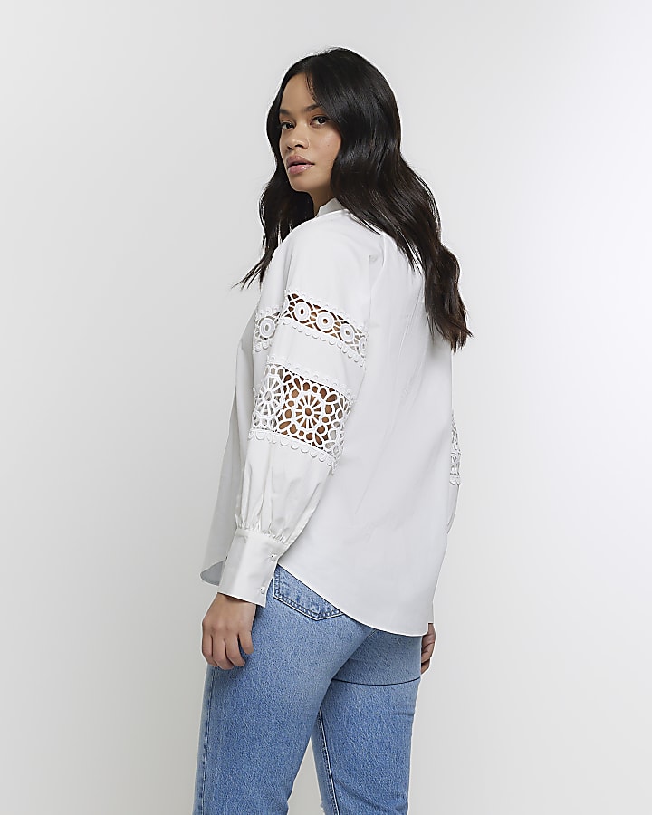 White Crochet Panel Oversized Shirt