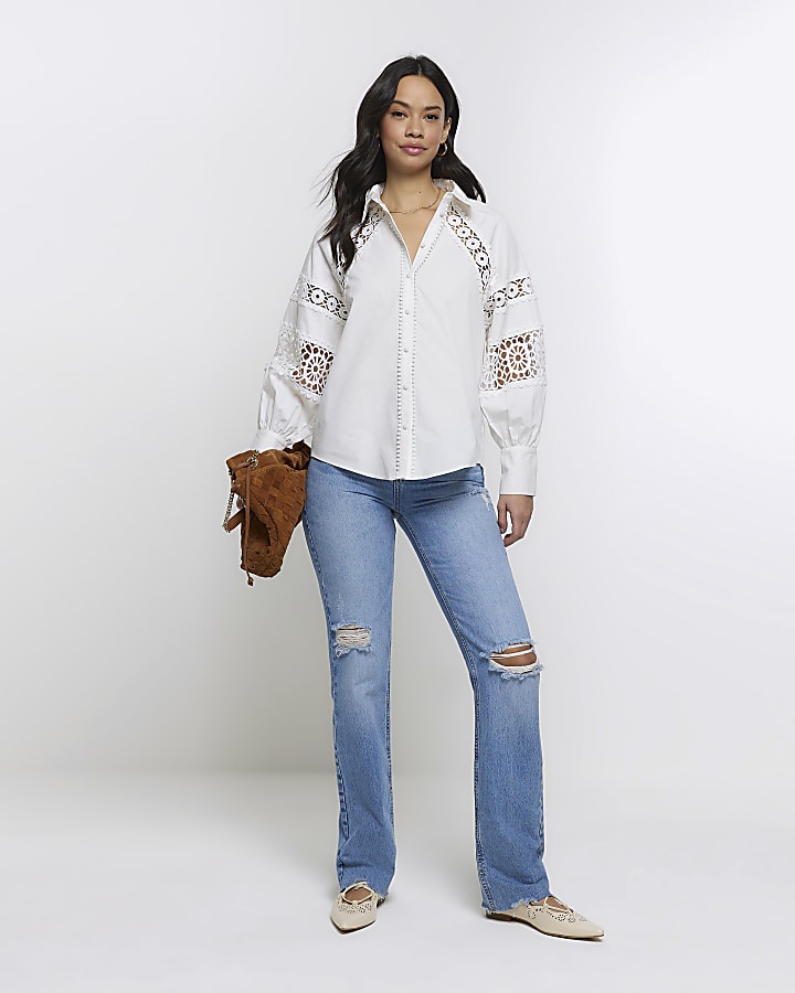 White Crochet Panel Oversized Shirt