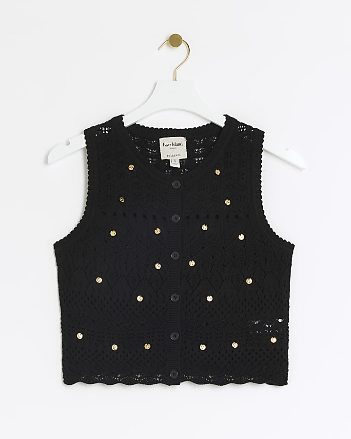 Black crochet embellished waistcoat