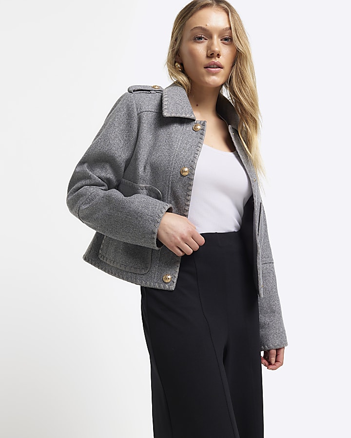 Petite black stitched wide leg trousers