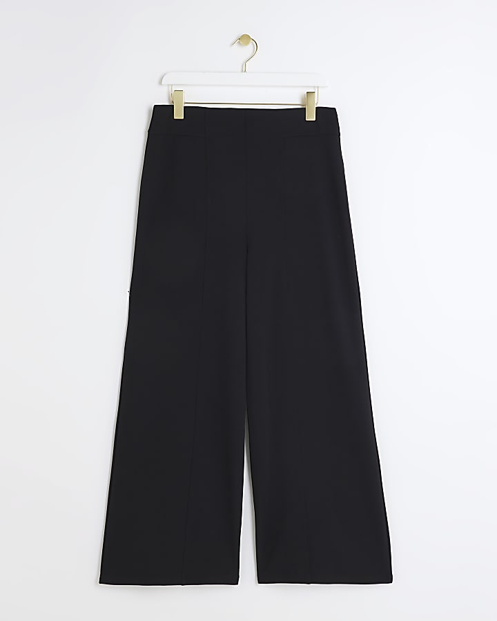 Petite black stitched wide leg trousers