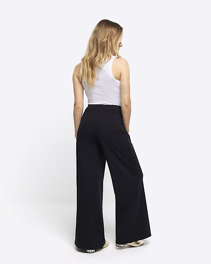 Petite black stitched wide leg trousers