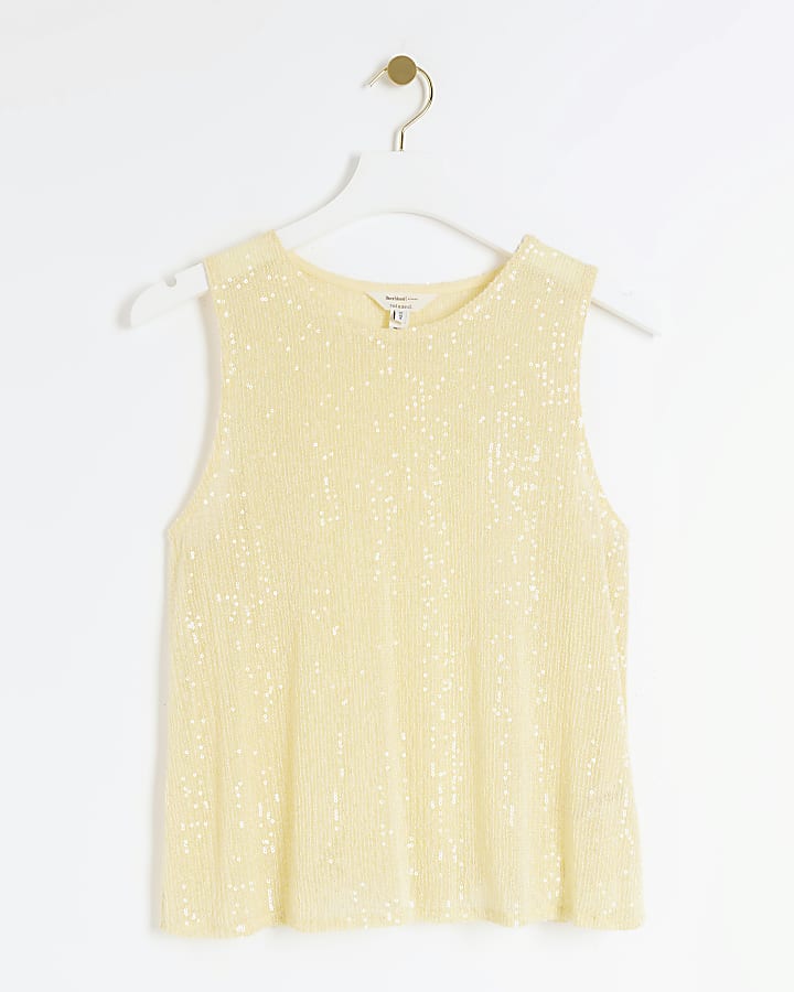 Yellow sequin crew neck tank top