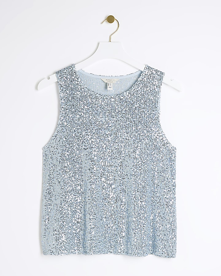 Blue sequin crew neck tank top