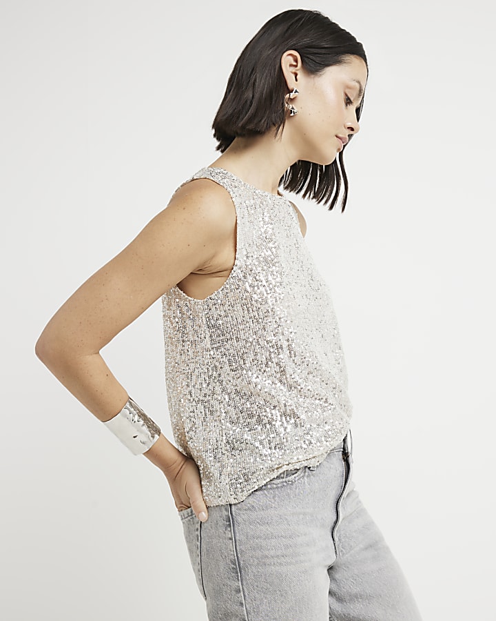 Silver sequin crew neck tank top