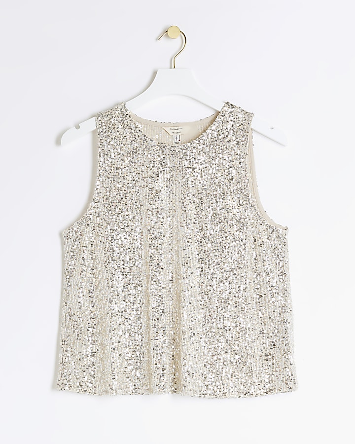 Silver sequin crew neck tank top