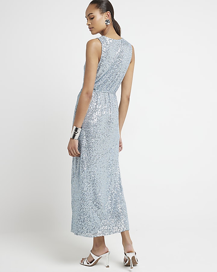 Blue sequin tie waist slip midi dress