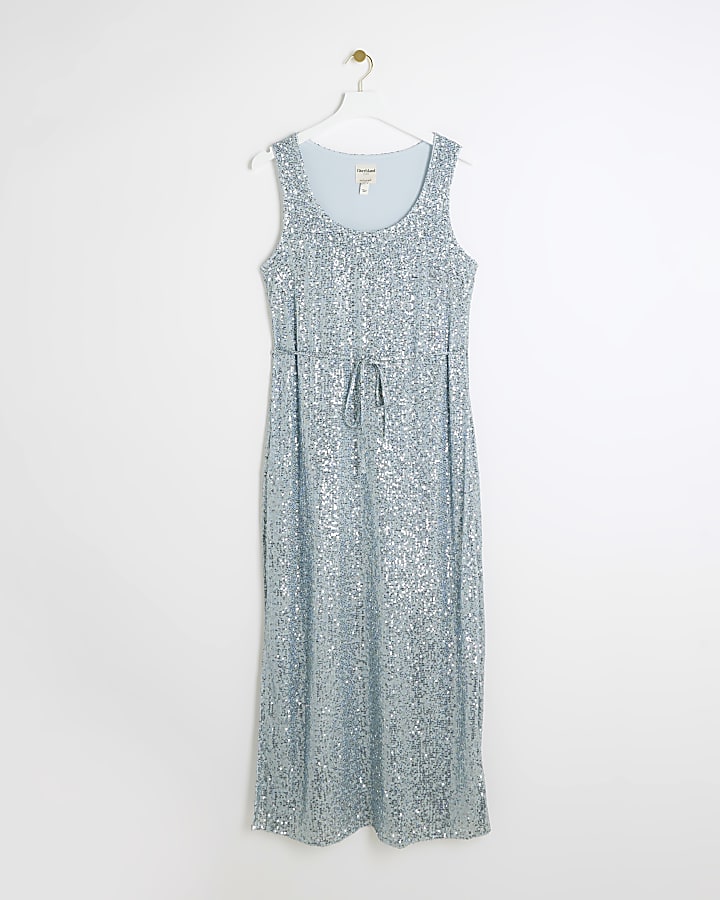Blue sequin tie waist slip midi dress