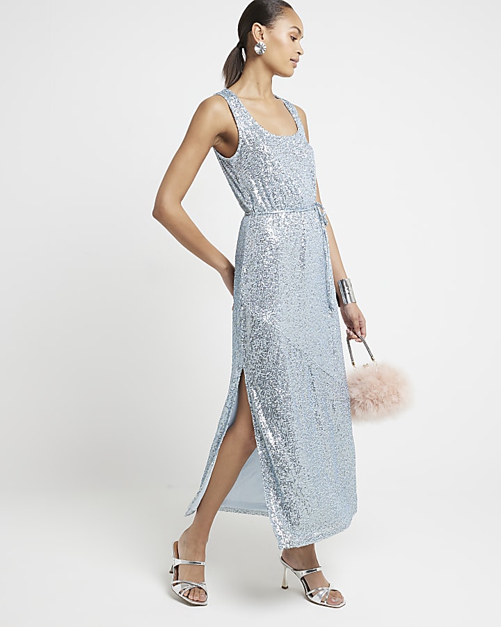Blue sequin tie waist slip midi dress