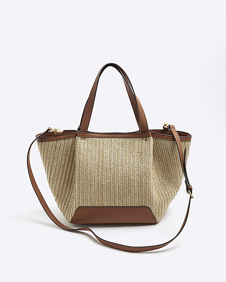 Beige straw winged tote bag