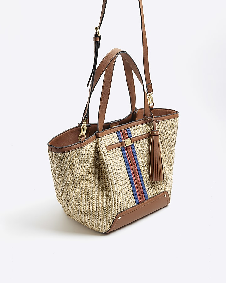 Beige straw winged tote bag