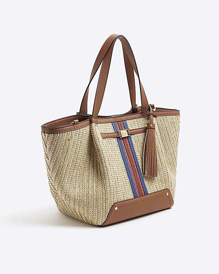 Beige straw winged tote bag