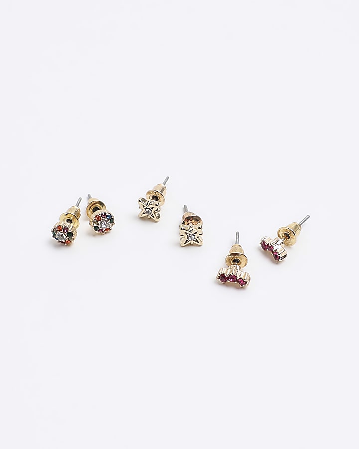 Gold diamante stud earrings multipack