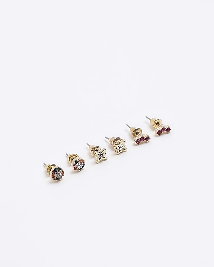 Gold diamante stud earrings multipack