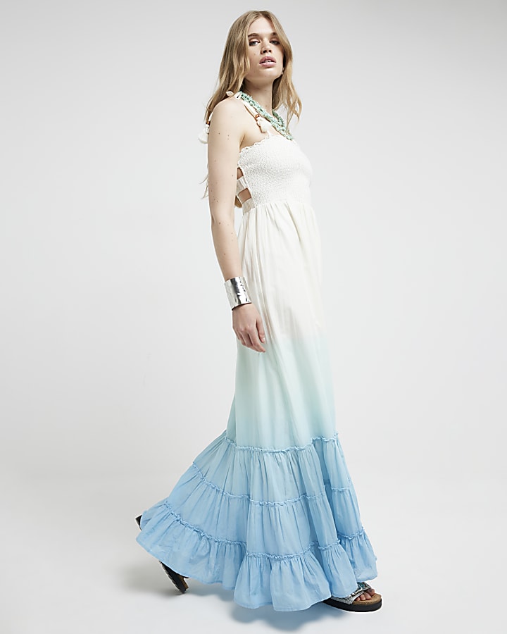 Blue ombre shirred beach maxi dress