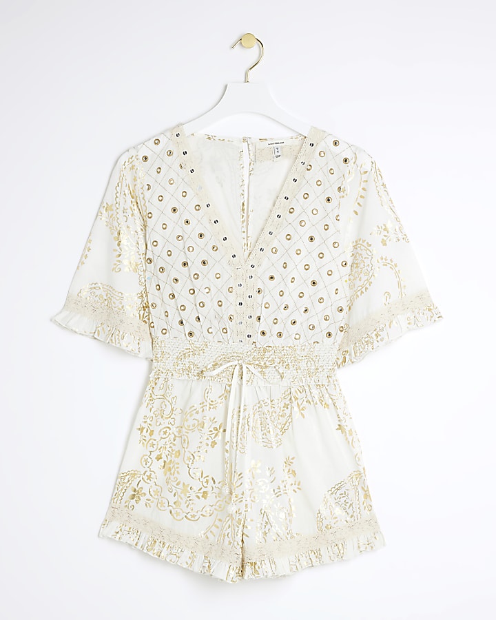 Cream paisley embellished playsuit