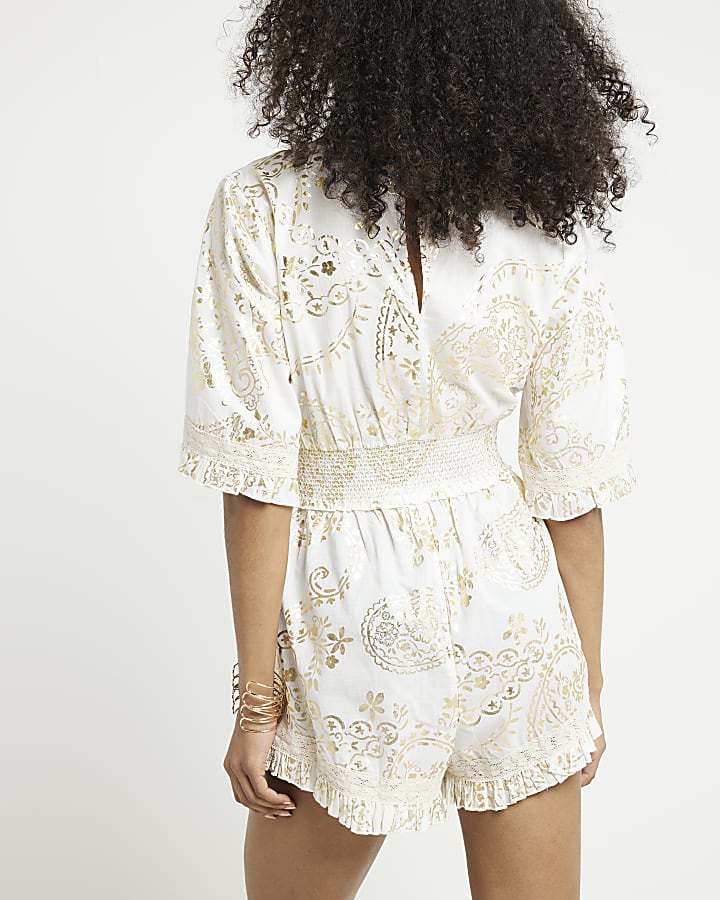 Cream paisley embellished playsuit