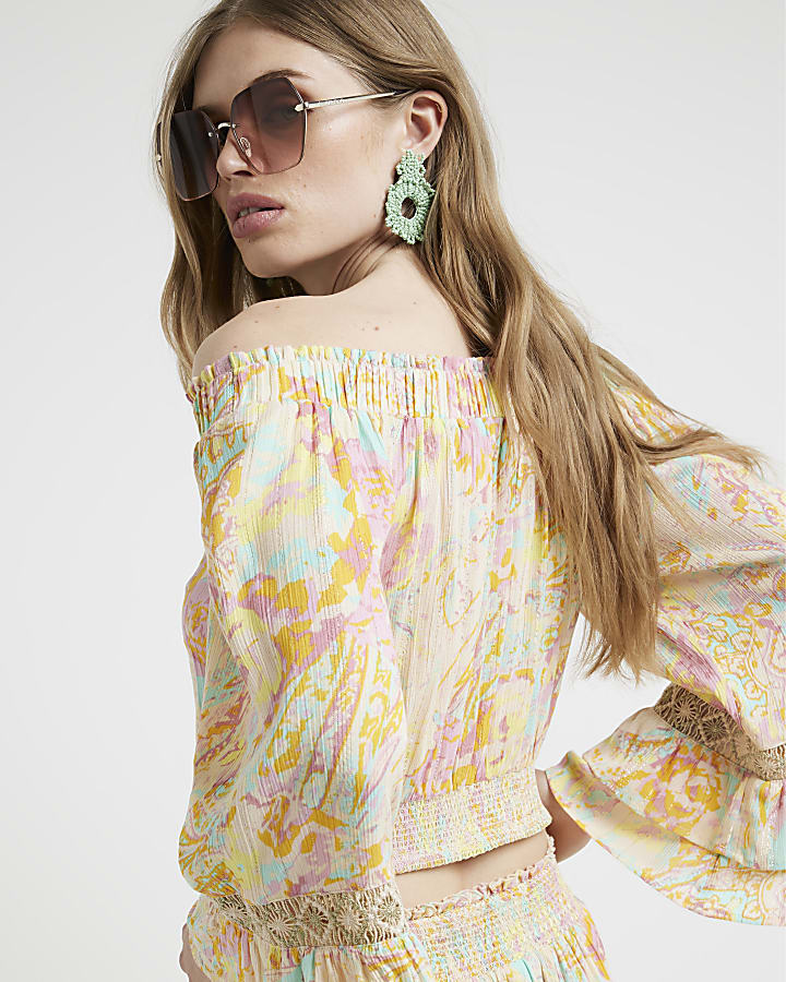 Pink paisley bardot beach top