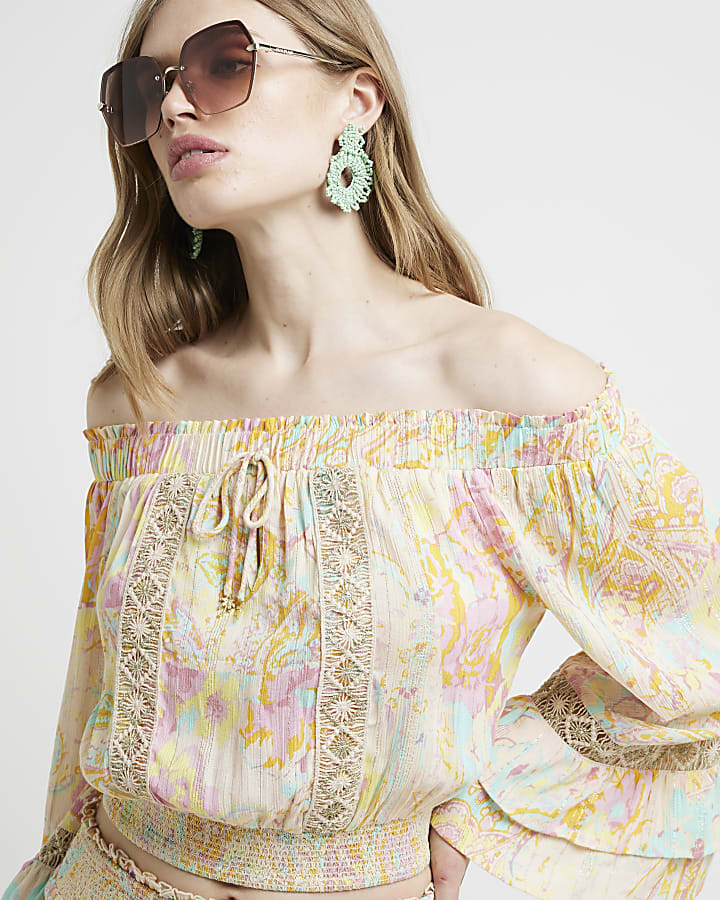 Pink paisley bardot beach top