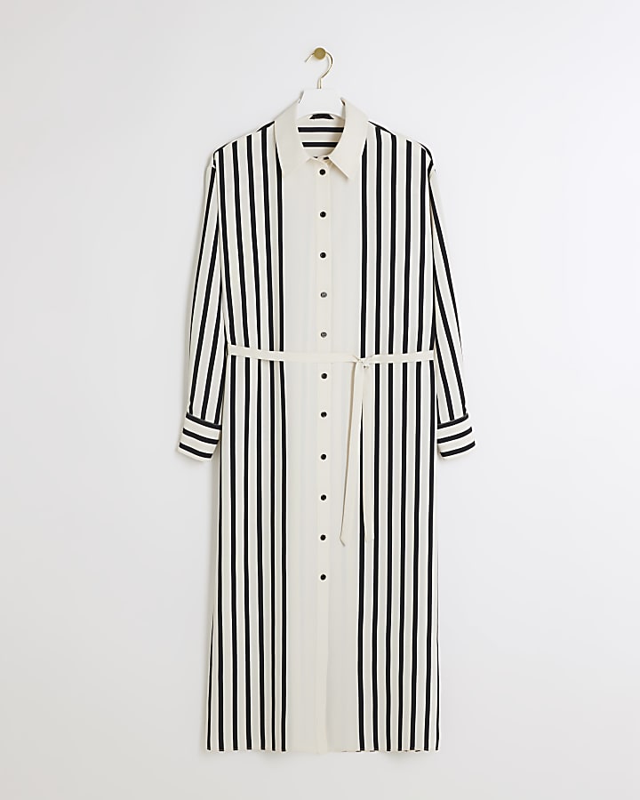 Cream stripe tie waist midi shirt dress