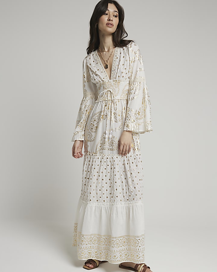 Cream paisley embellished beach maxi dress