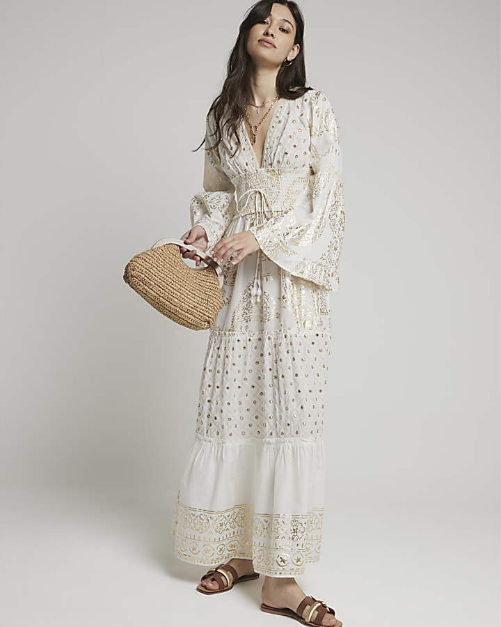 Cream paisley embellished beach maxi dress