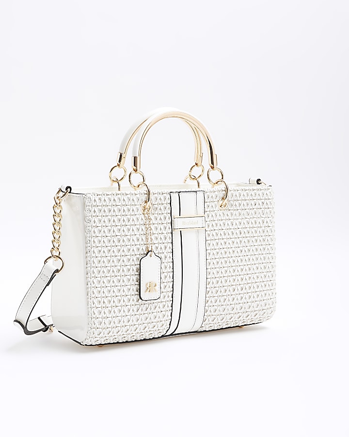 White Embossed Weave Tote Bag