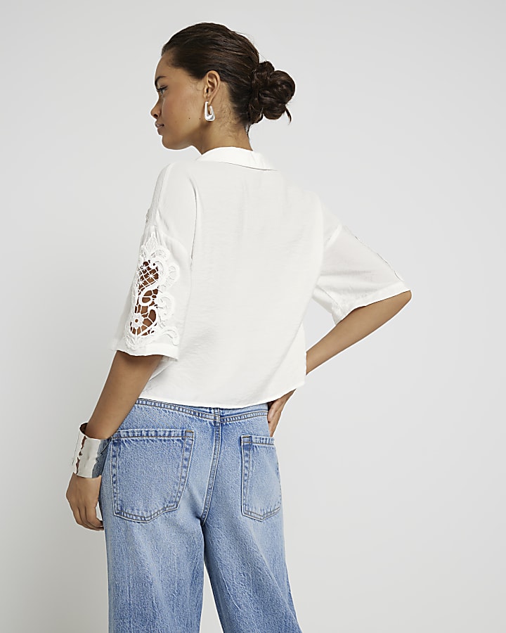 Petite white lace panel crop shirt