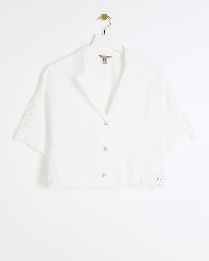 Petite white lace panel crop shirt