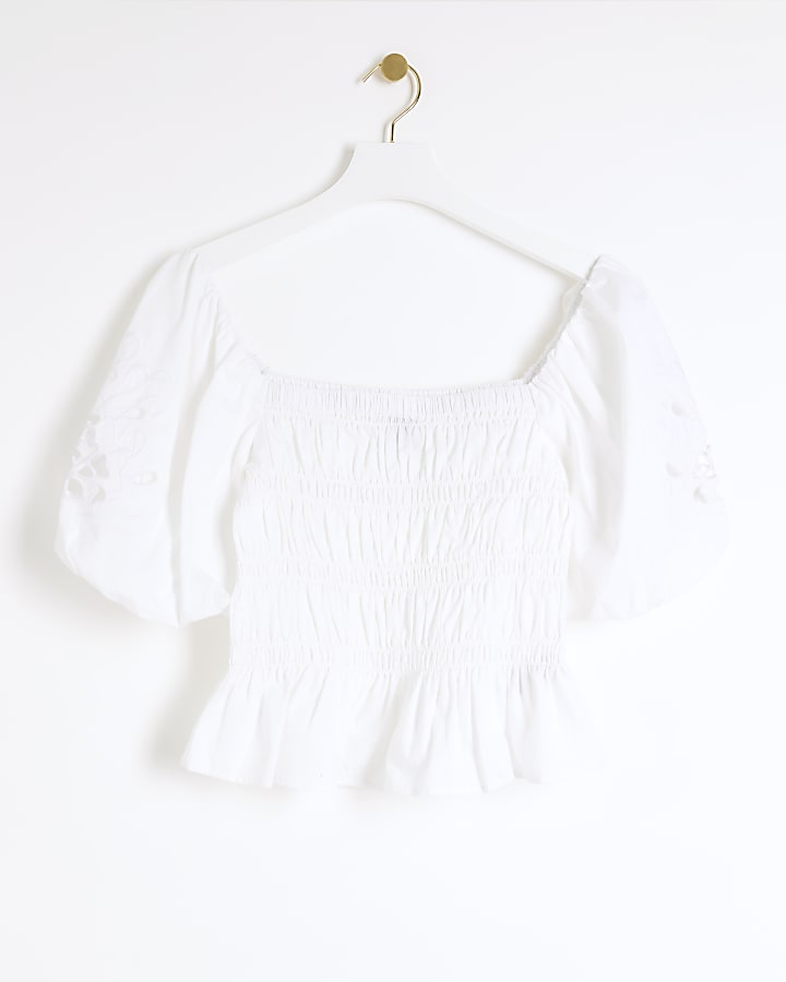 Petite white shirred puff sleeve blouse